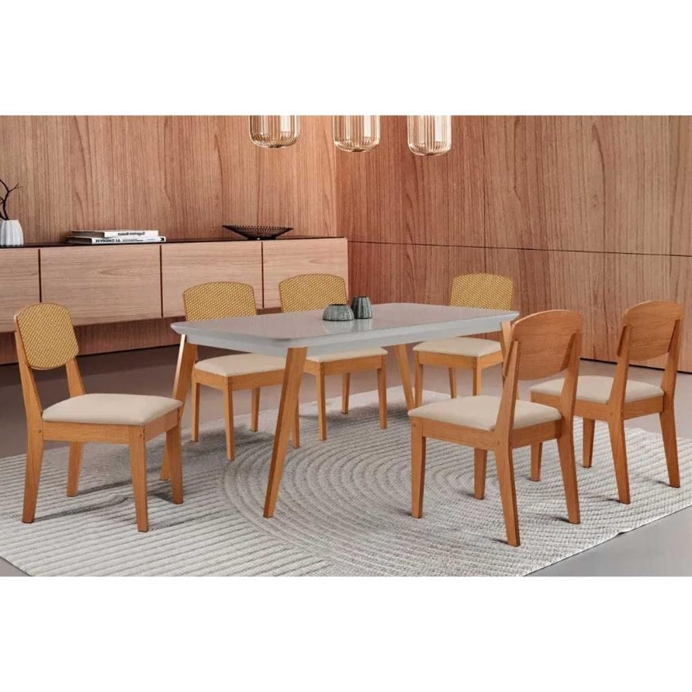 Sala Jantar Mesa Havana Tampo c/ Vidro Curvo 180cm+6 Cadeiras Havana Naturale/Off White - Suede Creme - Rufato