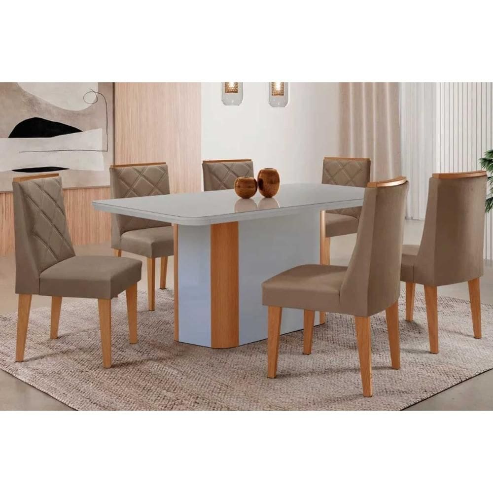 Sala Jantar Mesa Pietá Tampo c/ Vidro Curvo 180cm+6 Cadeiras Pietá Naturale/Off White - Suede Capuccino - Rufato