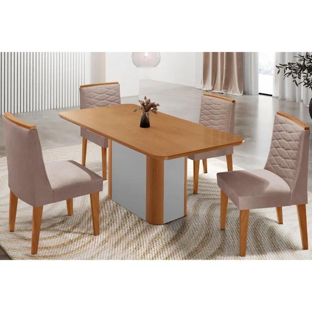 Sala Jantar Mesa Pietá Tampo Curvo 120cm+4 Cadeiras Maldivas Madeira Naturale/Off White - Capuccino/Linho Capuccino - Rufato