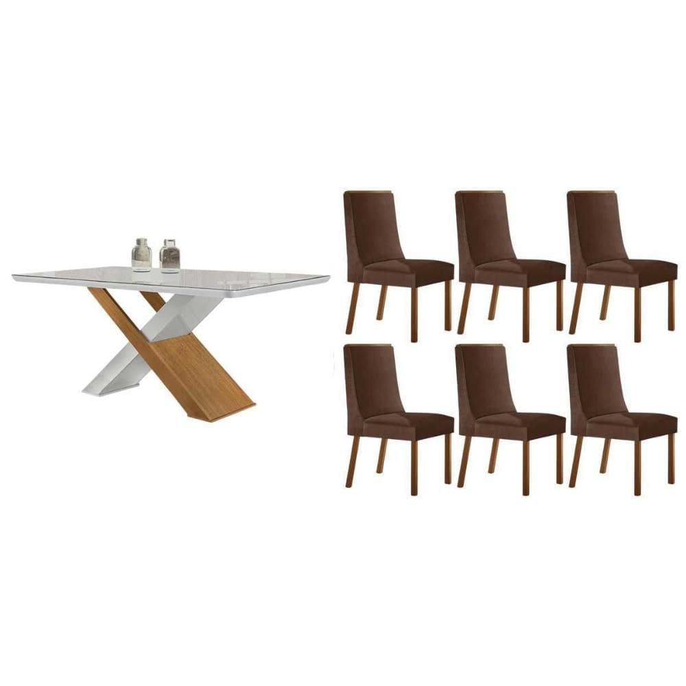 Sala Jantar Mesa Imperatriz Tampo c/ Vidro Curvo 180cm+6 Cadeiras Dakota Madeira Naturale/Off White - Capuccino/Suede Marrom - Rufato