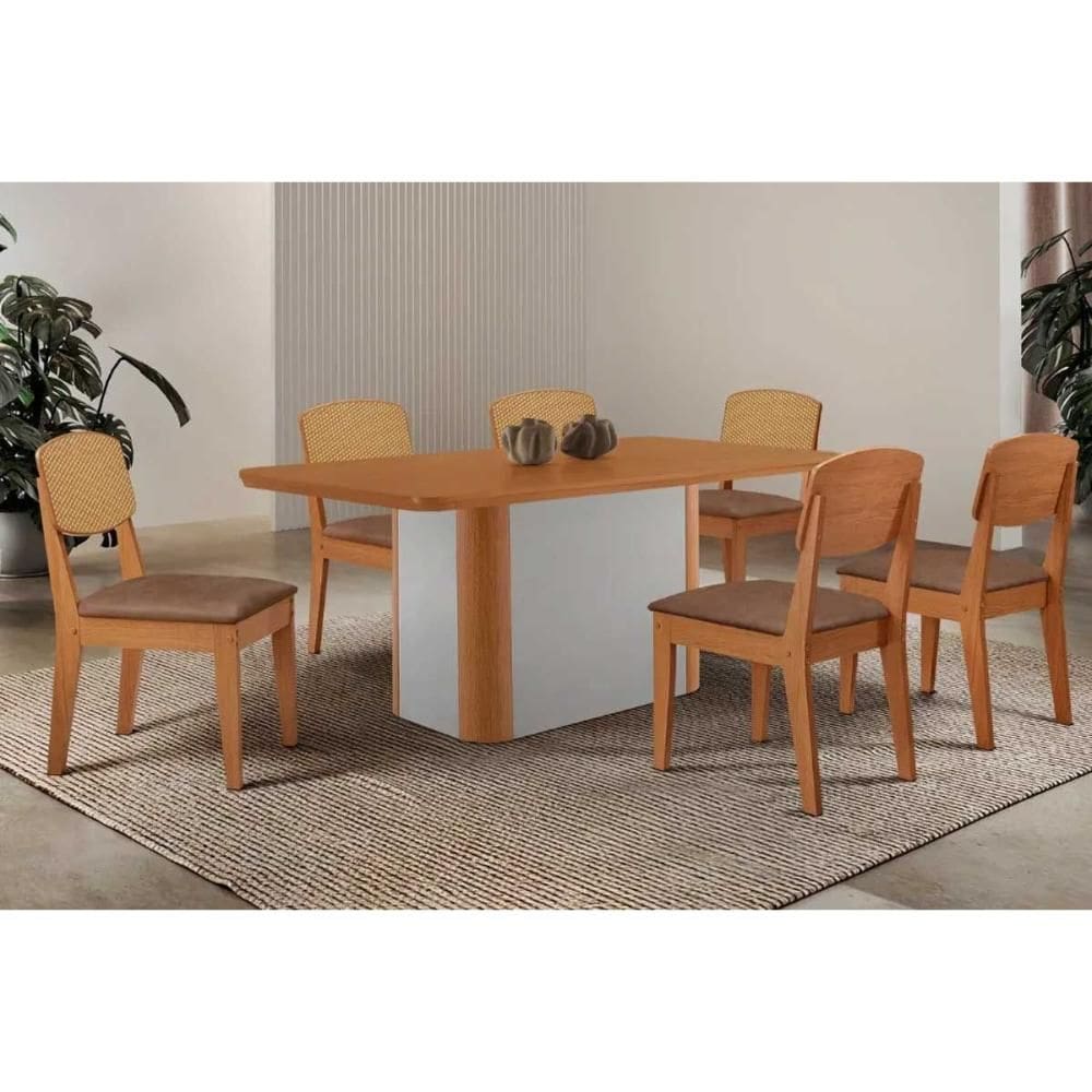 Sala Jantar Mesa Pietá Tampo Curvo 180cm+6 Cadeiras Havana Naturale/Off White - Corano Capuccino - Rufato