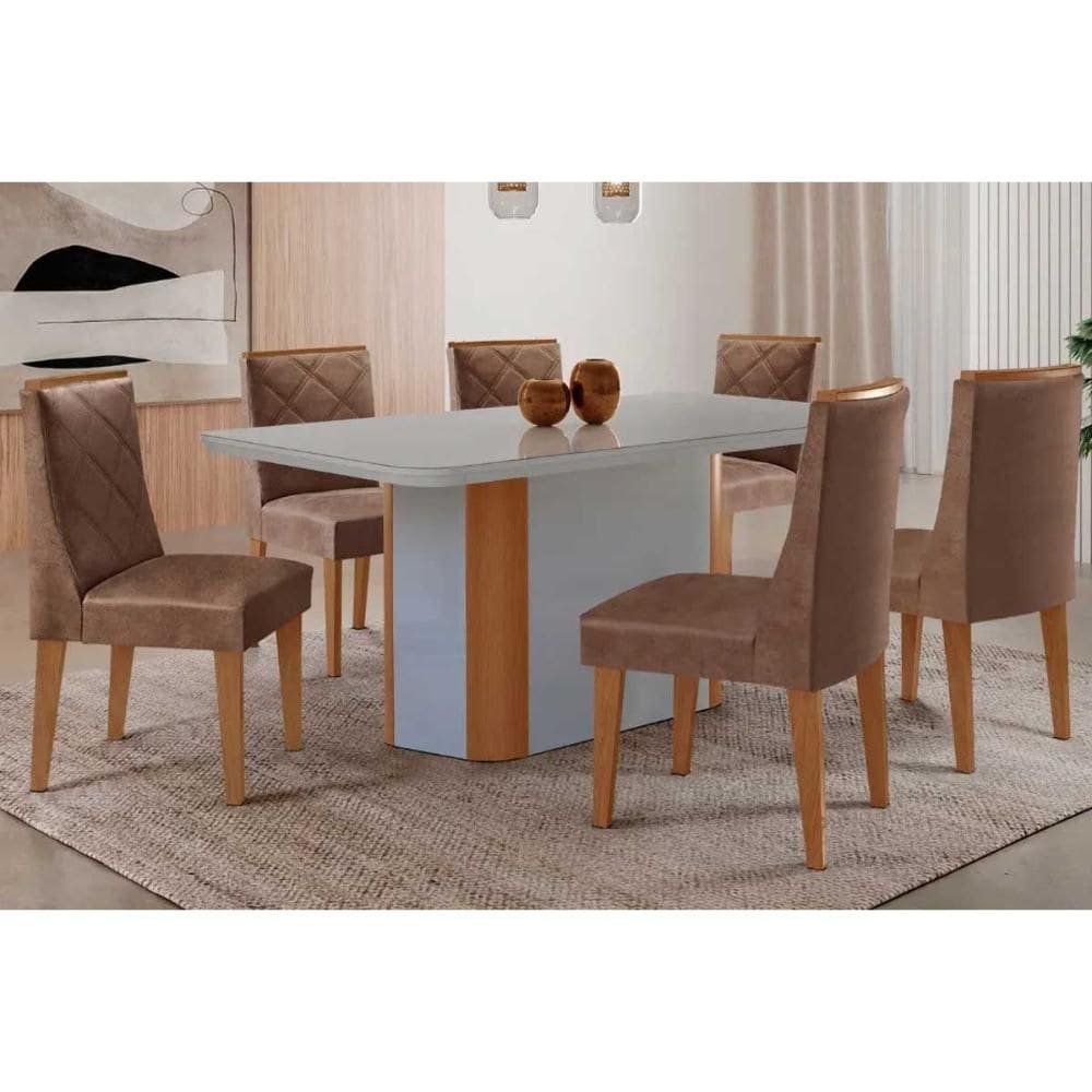 Sala Jantar Mesa Pietá Tampo c/ Vidro Curvo 180cm+6 Cadeiras Pietá Naturale/Off White - Corano Capuccino - Rufato