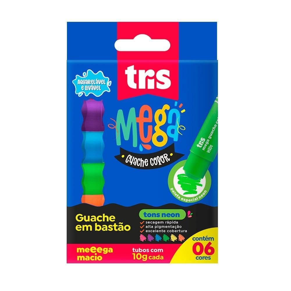 Tinta Guache Em Bastão Tris 6 Cores Tons Neon