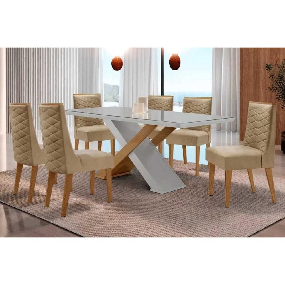 Sala Jantar Mesa Imperatriz Tampo c/ Vidro Curvo 180cm+6 Cadeiras Dafne Madeira Naturale/Off White - Capuccino/Linho Bege - Rufato