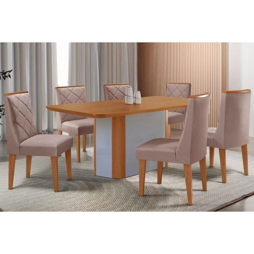 Sala Jantar Mesa Pietá Tampo Curvo 180cm+6 Cadeiras Pietá Madeira Naturale/Off White - Capuccino/Linho Capuccino - Rufato