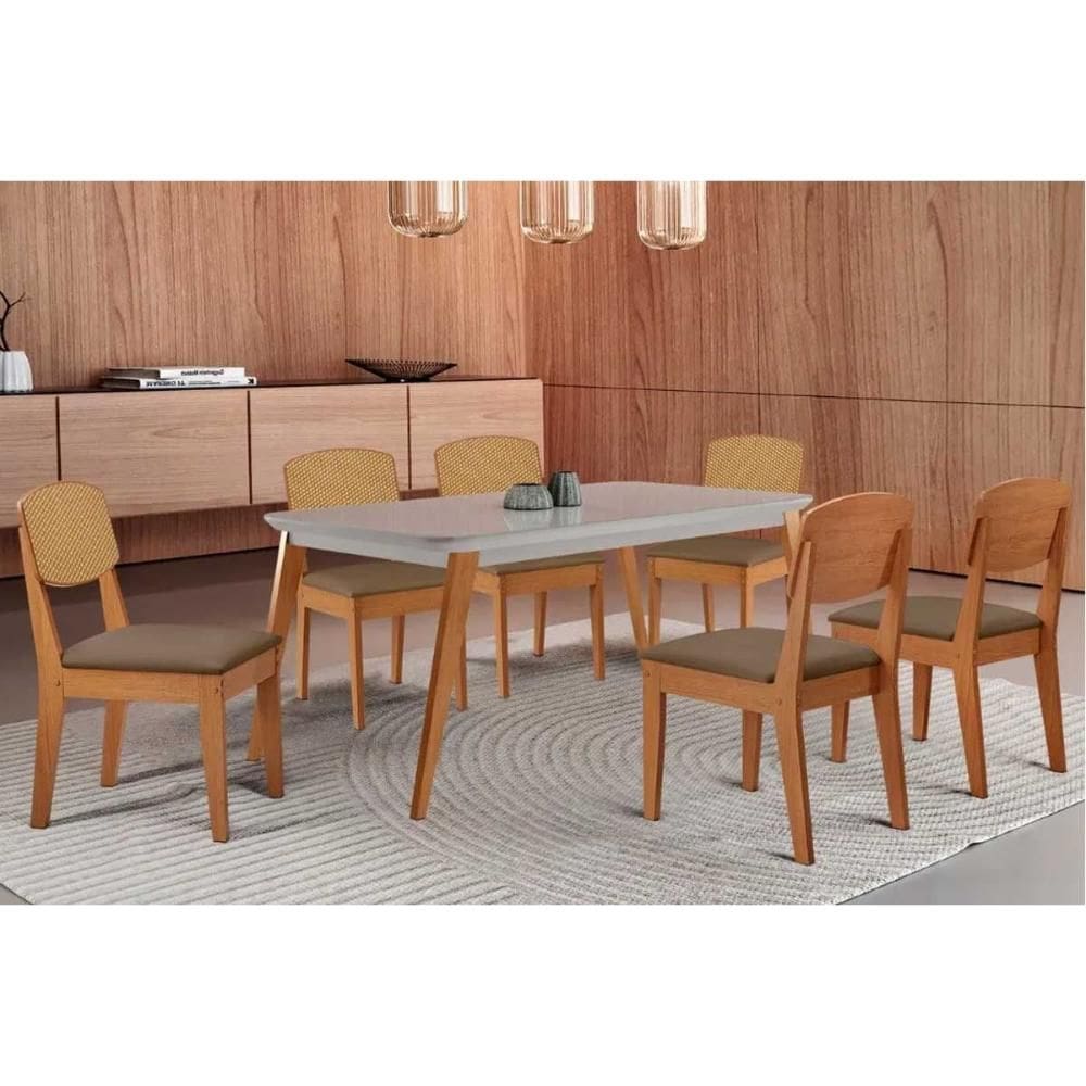 Sala Jantar Mesa Havana Tampo c/ Vidro Curvo 180cm+6 Cadeiras Havana Naturale/Off White - Suede Capuccino - Rufato