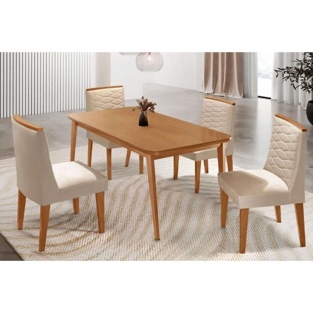 Sala Jantar Mesa Havana Tampo Curvo 120cm+4 Cadeiras Maldivas Madeira Naturale - Capuccino/Suede Creme - Rufato