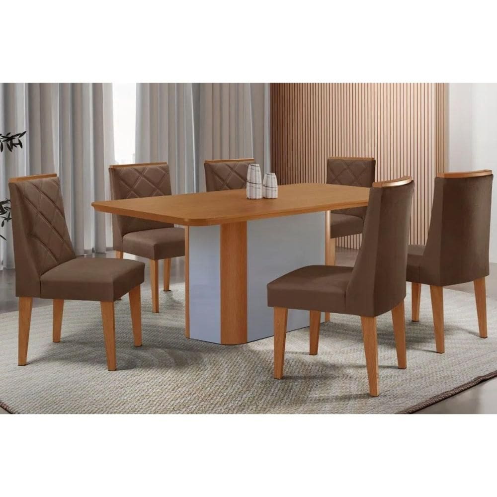 Sala Jantar Mesa Pietá Tampo Curvo 180cm+6 Cadeiras Pietá Madeira Naturale/Off White - Capuccino/Suede Marrom - Rufato