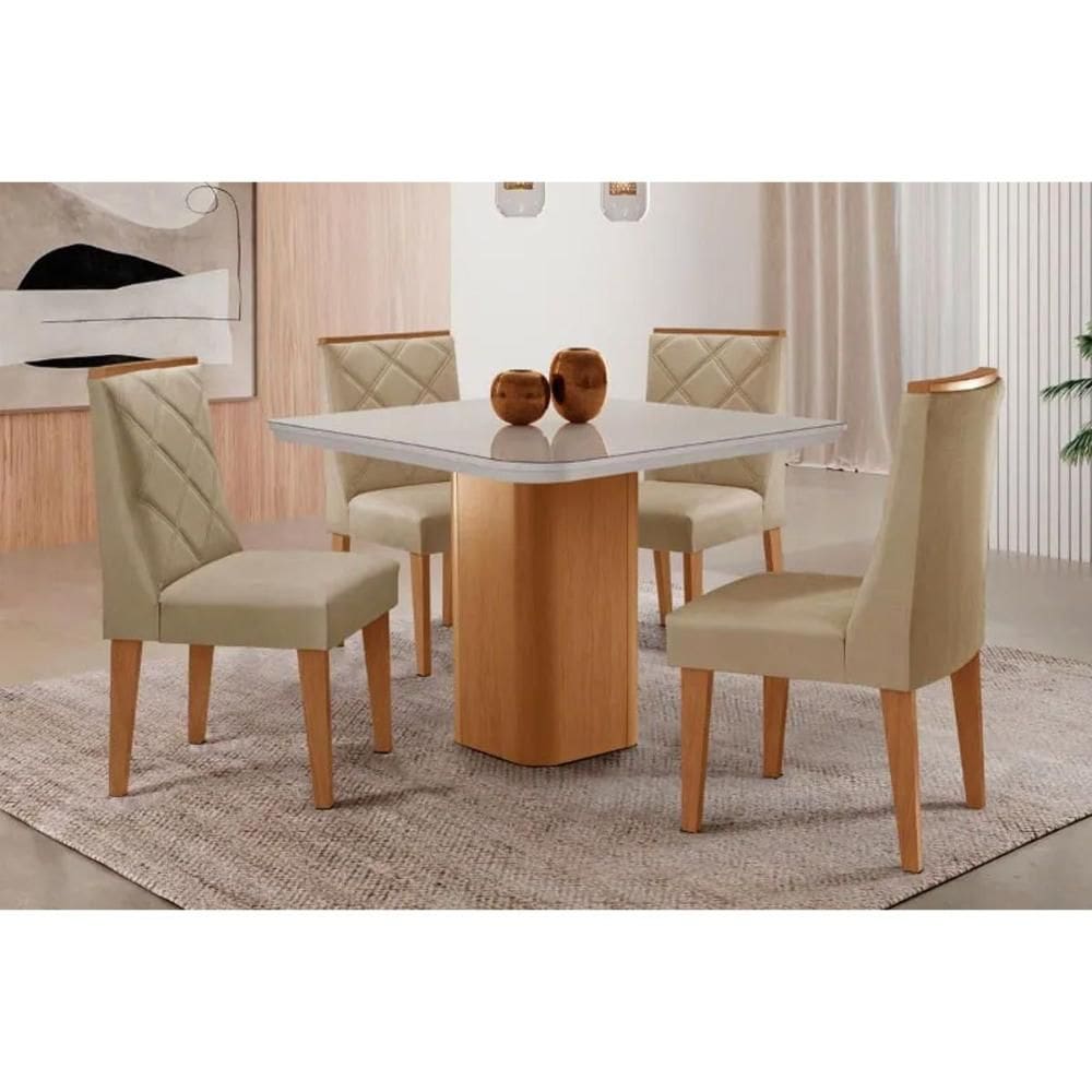 Sala Jantar Mesa Maldivas Tampo c/ Vidro Curvo 90cm+4 Cadeiras Pietá Madeira Naturale/Off White - Capuccino/Linho Bege - Rufato