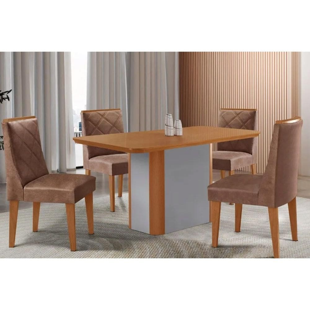 Sala Jantar Mesa Pietá Tampo Curvo 120cm+4 Cadeiras Pietá Madeira Naturale/Off White - Capuccino/Corano Capuccino - Rufato