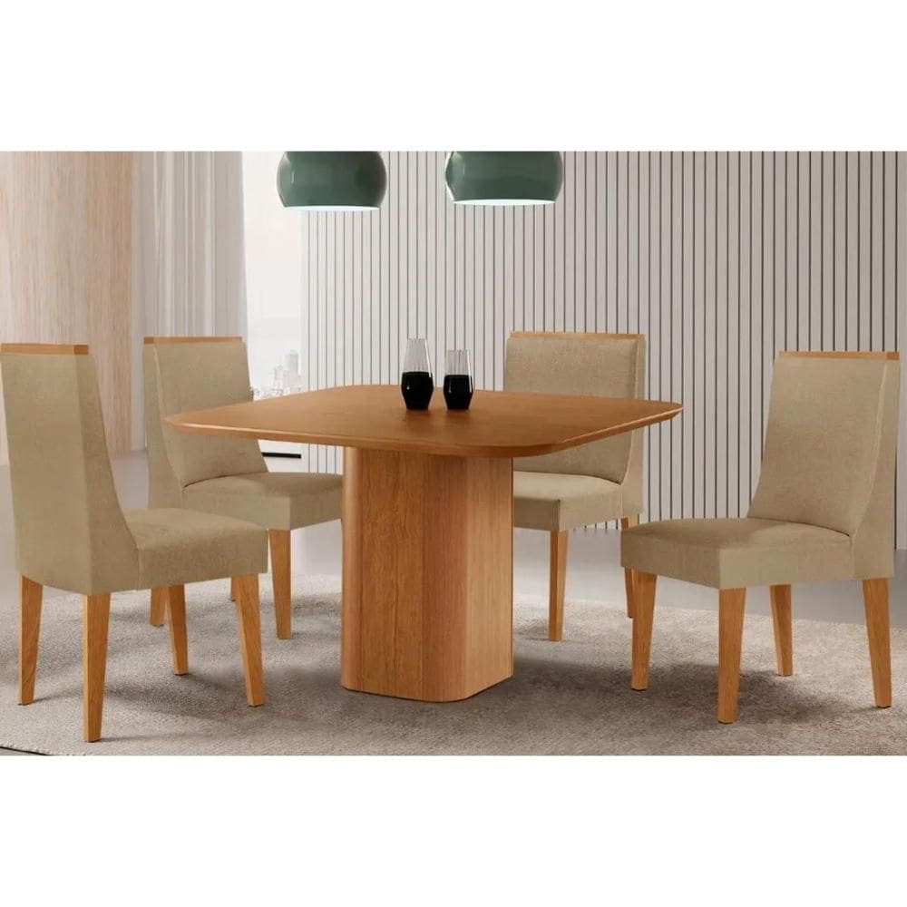 Sala Jantar Mesa Maldivas Tampo Curvo 90cm+4 Cadeiras Dakota Madeira Naturale - Capuccino/Linho Bege - Rufato