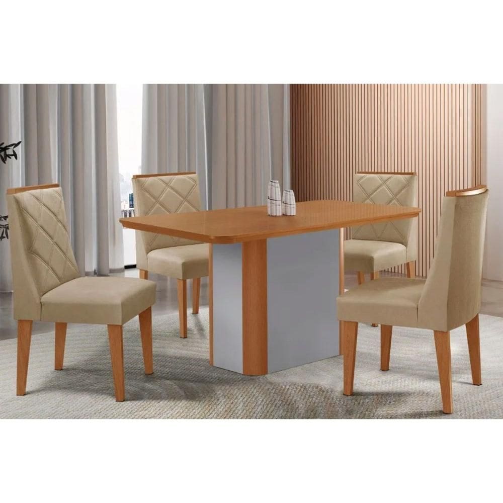 Sala Jantar Mesa Pietá Tampo Curvo 120cm+4 Cadeiras Pietá Madeira Naturale/Off White - Capuccino/Linho Bege - Rufato