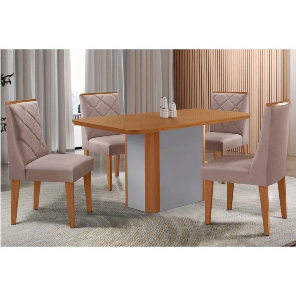 Sala Jantar Mesa Pietá Tampo Curvo 120cm+4 Cadeiras Pietá Madeira Naturale/Off White - Capuccino/Linho Capuccino - Rufato
