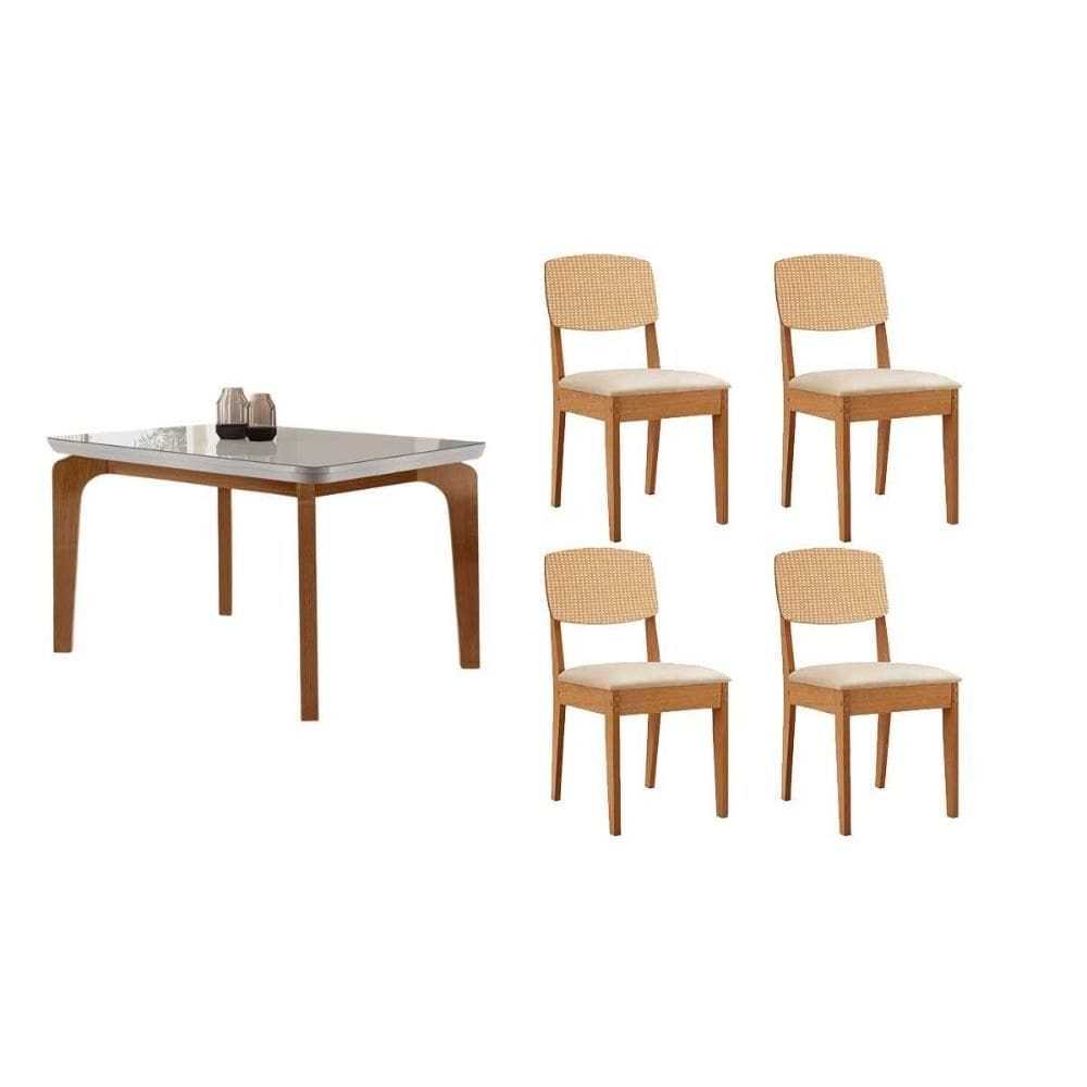 Sala Jantar Mesa Londrina Tampo c/ Vidro Curvo 120cm+4 Cadeiras Havana Naturale/Off White - Suede Creme - Rufato
