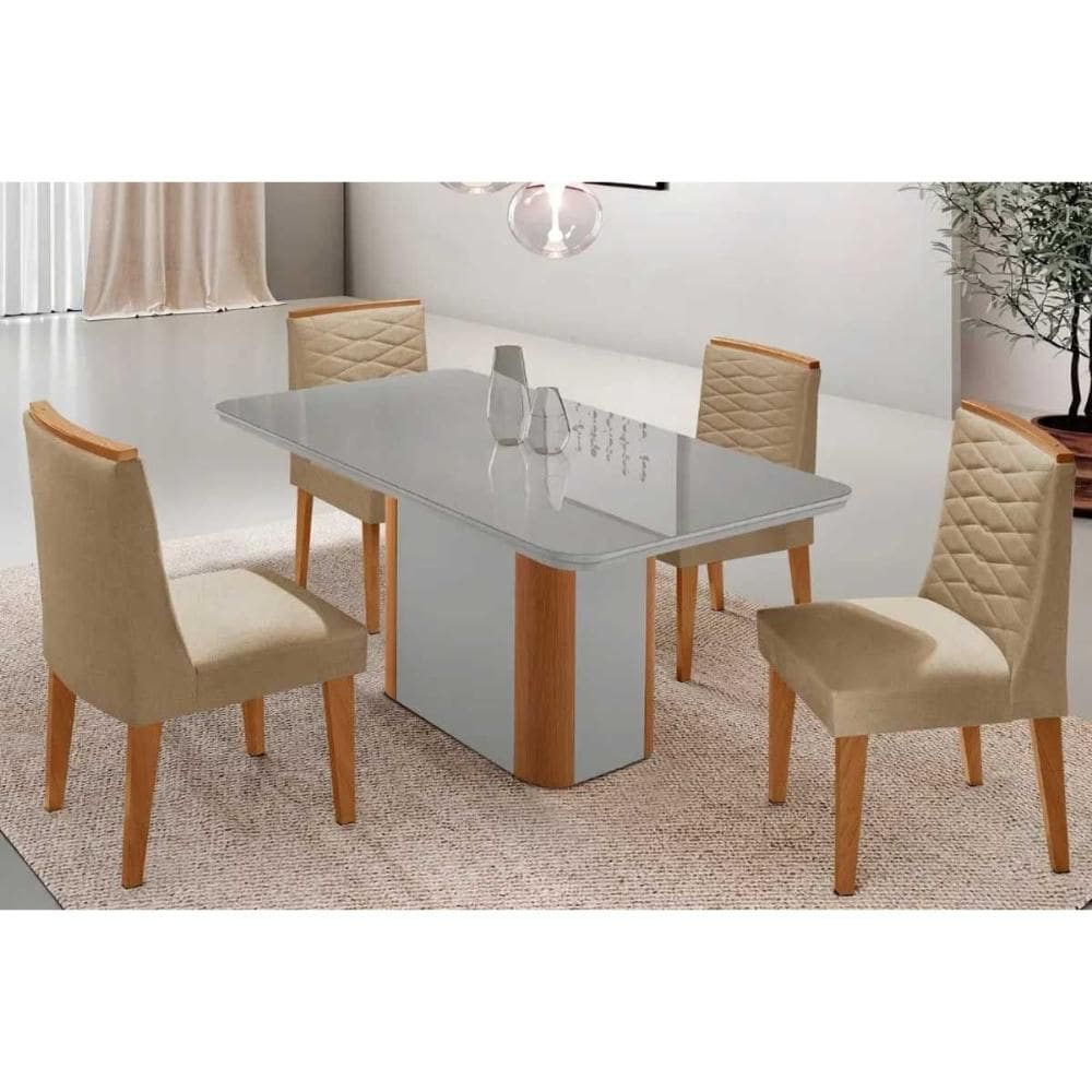 Sala Jantar Mesa Pietá Tampo c/ Vidro Curvo 120cm+4 Cadeiras Maldivas Naturale/Off White - Linho Bege - Rufato