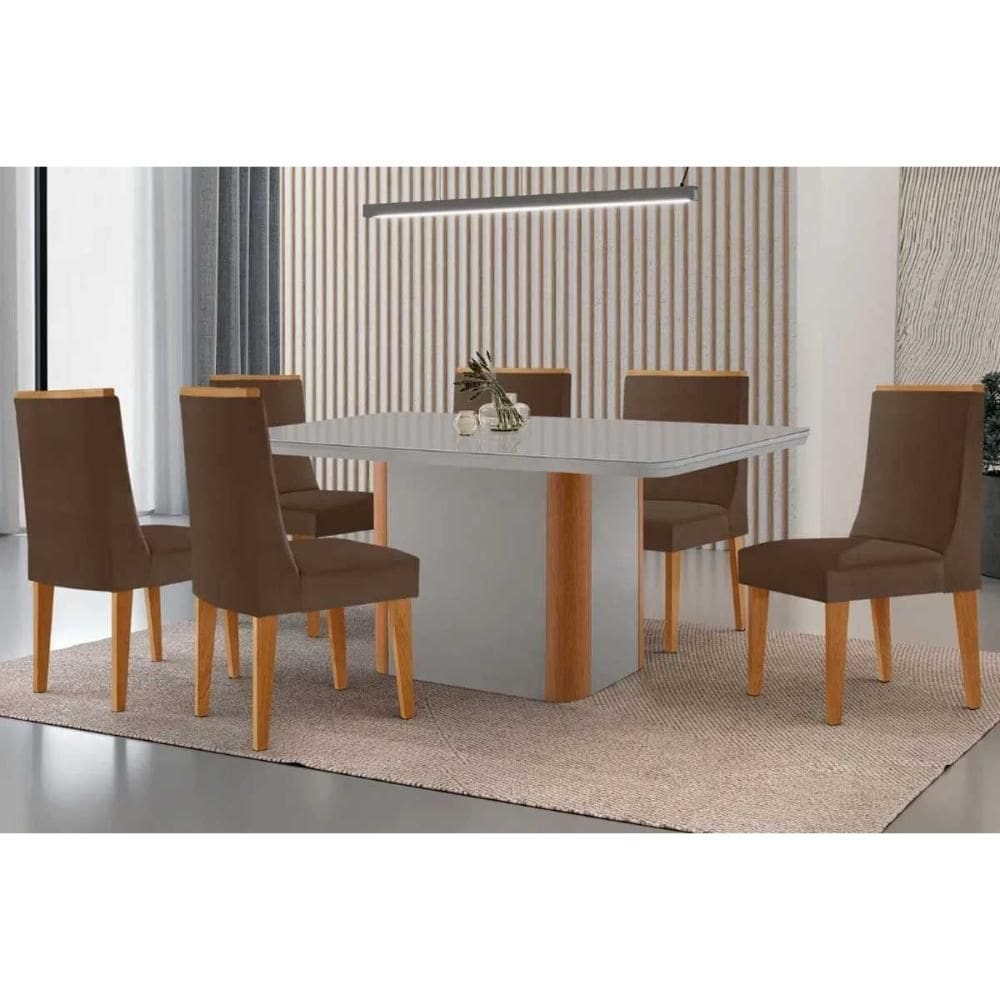 Sala Jantar Mesa Pietá Tampo c/ Vidro Curvo 180cm+6 Cadeiras Dakota Naturale/Off White - Suede Marrom - Rufato