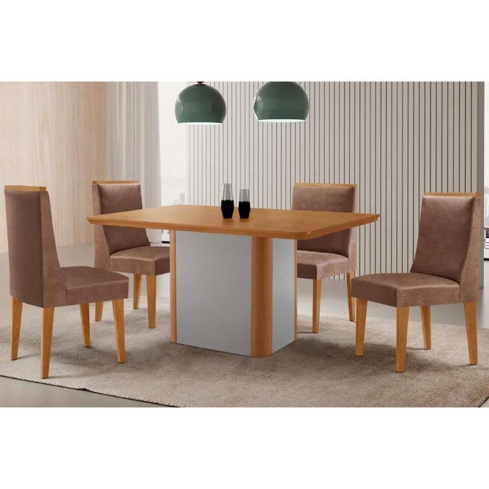 Sala Jantar Mesa Pietá Tampo Curvo 120cm+4 Cadeiras Dakota Madeira Naturale/Off White - Capuccino/Corano Capuccino - Rufato