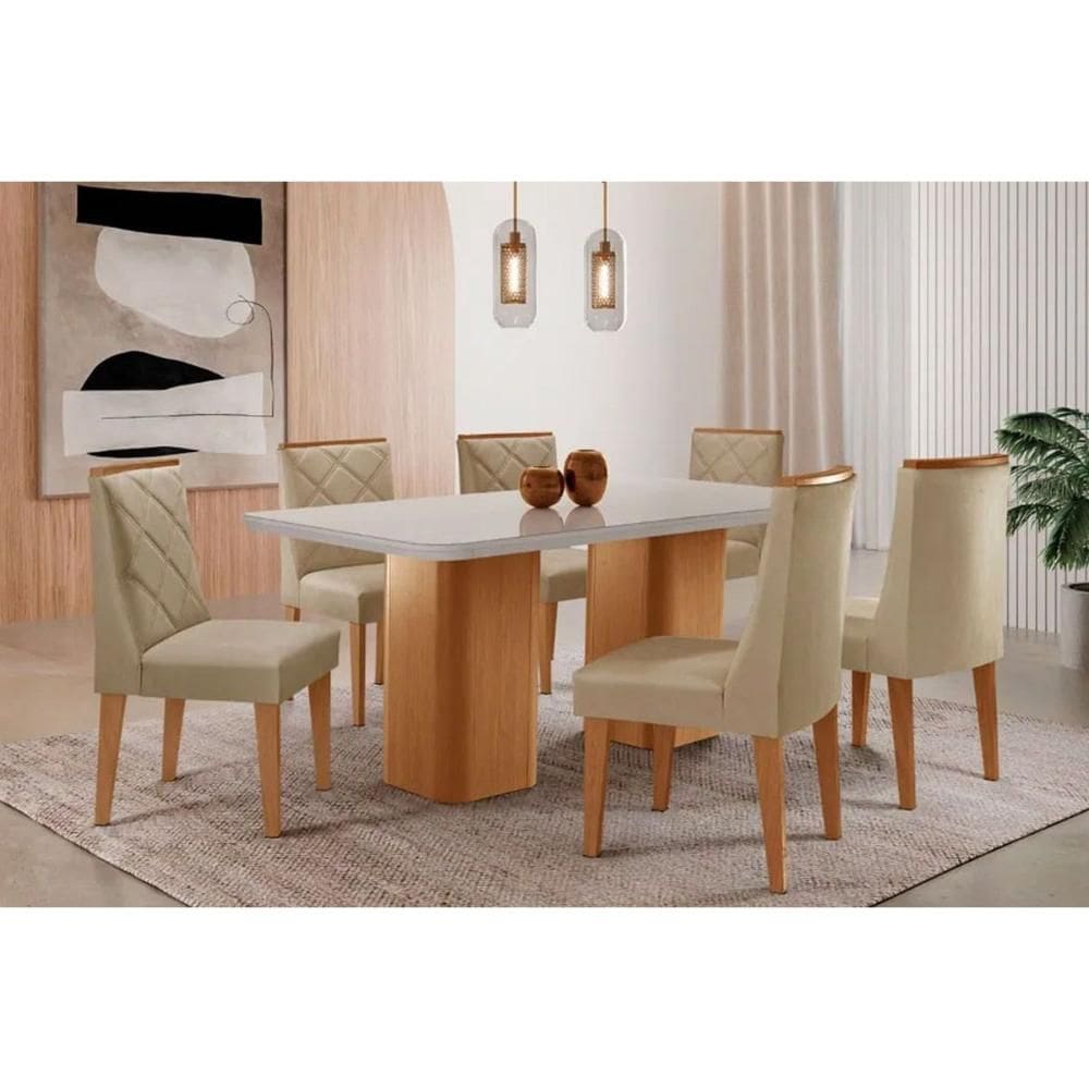 Sala Jantar Mesa Maldivas Tampo c/ Vidro Curvo 180cm+6 Cadeiras Pietá Madeira Naturale/Off White - Capuccino/Linho Bege - Rufato