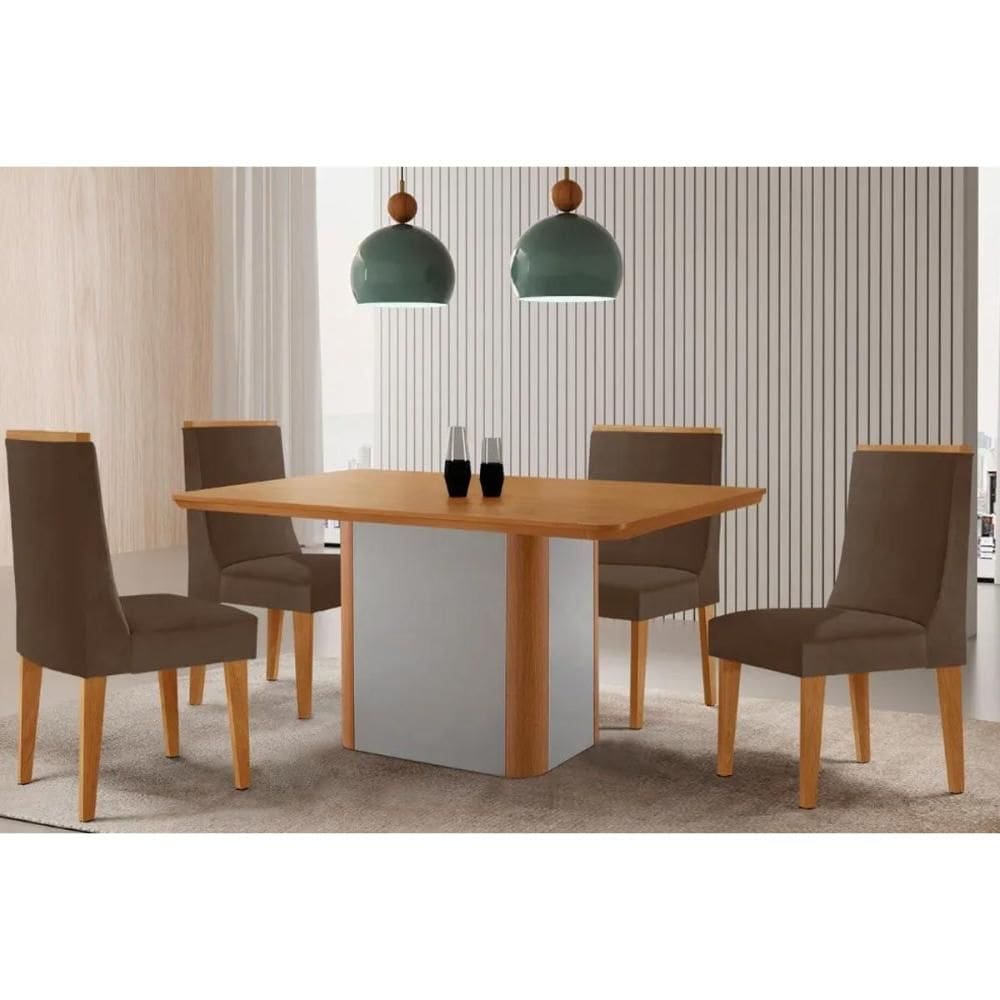 Sala Jantar Mesa Pietá Tampo Curvo 120cm+4 Cadeiras Dakota Madeira Naturale/Off White - Capuccino/Suede Marrom - Rufato