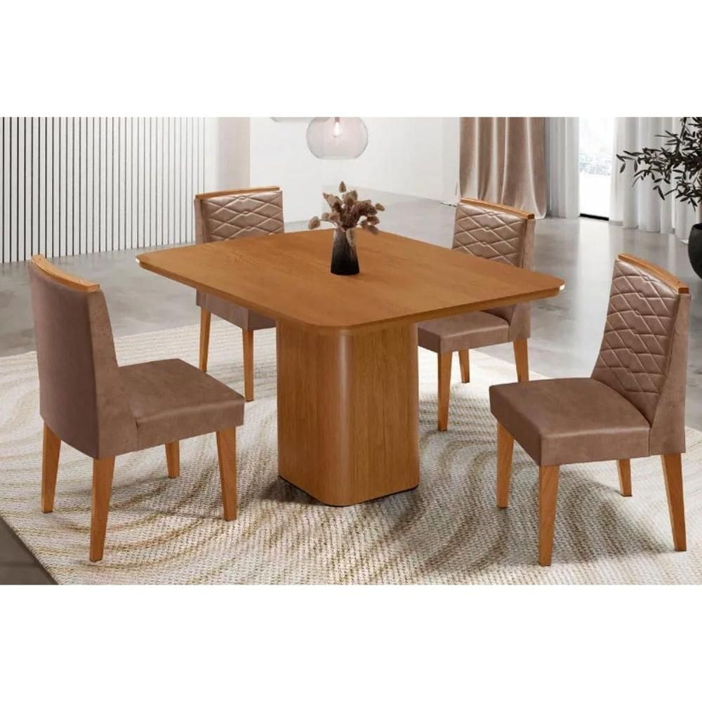 Sala Jantar Mesa Maldivas Tampo Curvo 90cm+4 Cadeiras Maldivas Madeira Naturale - Capuccino/Corano Capuccino - Rufato