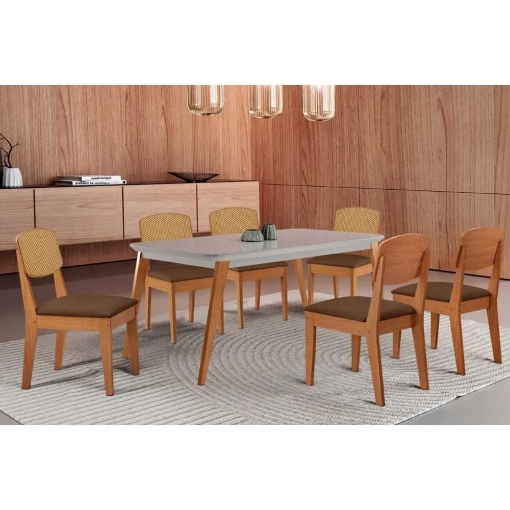 Sala Jantar Mesa Havana Tampo c/ Vidro Curvo 180cm+6 Cadeiras Havana Naturale/Off White - Corano Capuccino - Rufato