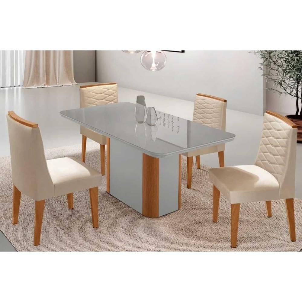 Sala Jantar Mesa Pietá Tampo c/ Vidro Curvo 120cm+4 Cadeiras Maldivas Naturale/Off White - Suede Creme - Rufato