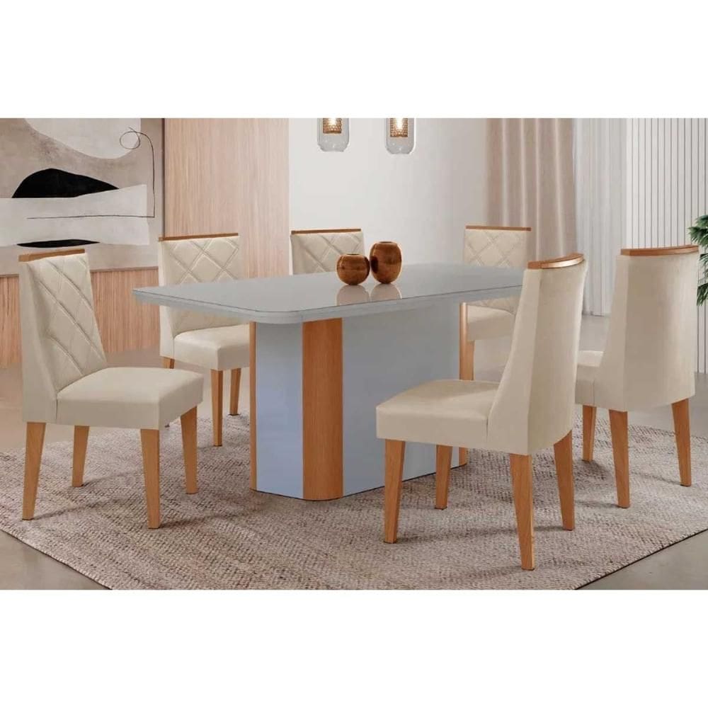 Sala Jantar Mesa Pietá Tampo c/ Vidro Curvo 180cm+6 Cadeiras Pietá Naturale/Off White - Suede Creme - Rufato