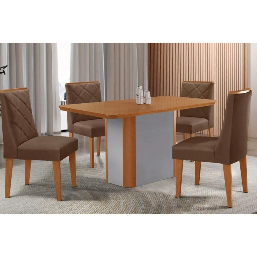 Sala Jantar Mesa Pietá Tampo Curvo 120cm+4 Cadeiras Pietá Madeira Naturale/Off White - Capuccino/Suede Marrom - Rufato