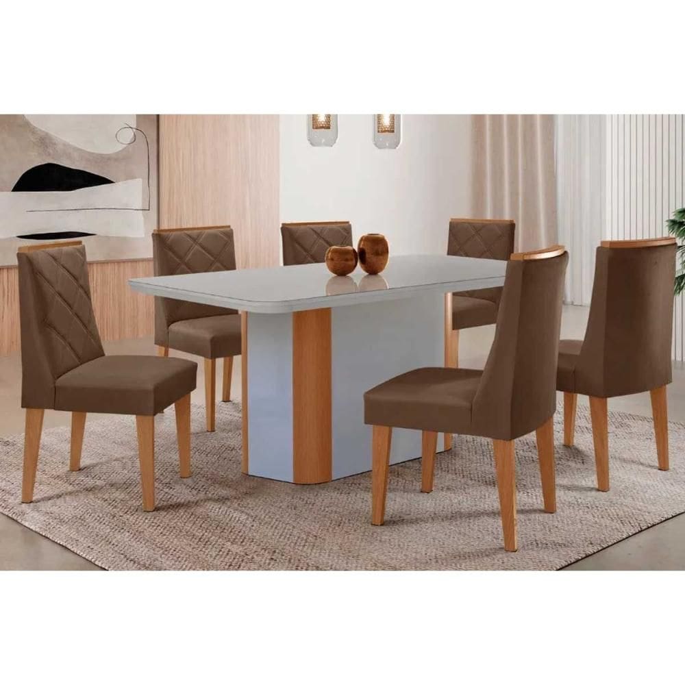 Sala Jantar Mesa Pietá Tampo c/ Vidro Curvo 180cm+6 Cadeiras Pietá Naturale/Off White - Suede Marrom - Rufato
