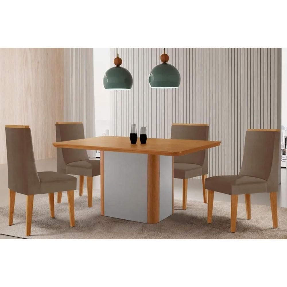 Sala Jantar Mesa Pietá Tampo Curvo 120cm+4 Cadeiras Dakota Madeira Naturale/Off White - Capuccino/Suede Capuccino - Rufato
