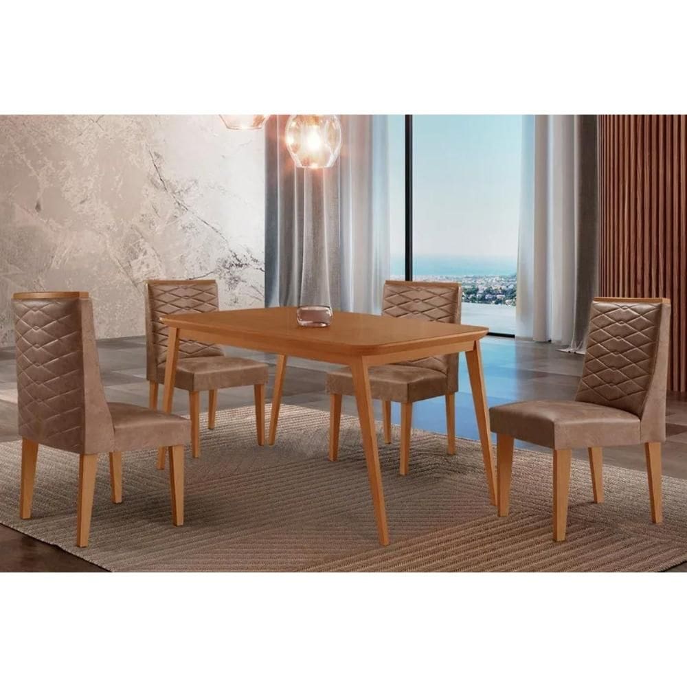 Sala Jantar Mesa Havana Tampo Curvo 120cm+4 Cadeiras Dafne Madeira Naturale - Capuccino/Corano Capuccino - Rufato