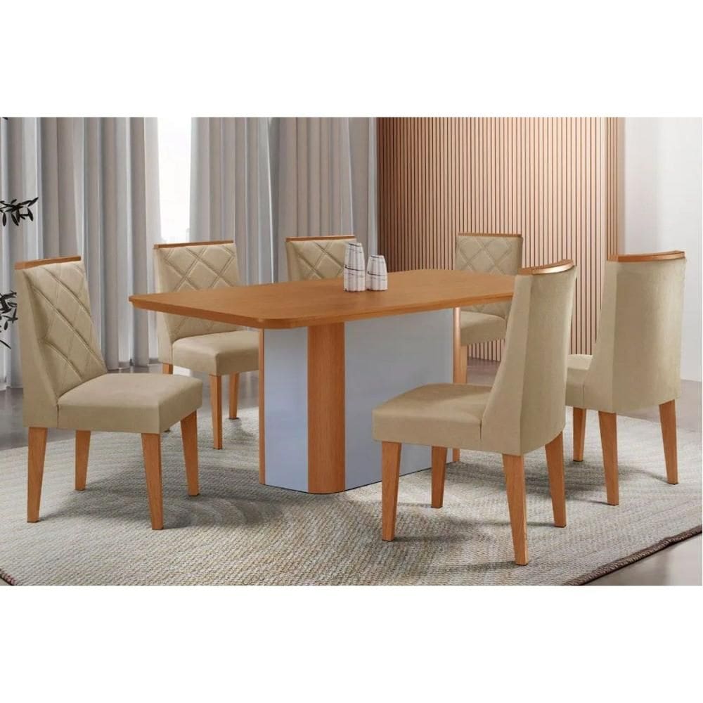 Sala Jantar Mesa Pietá Tampo Curvo 180cm+6 Cadeiras Pietá Madeira Naturale/Off White - Capuccino/Linho Bege - Rufato