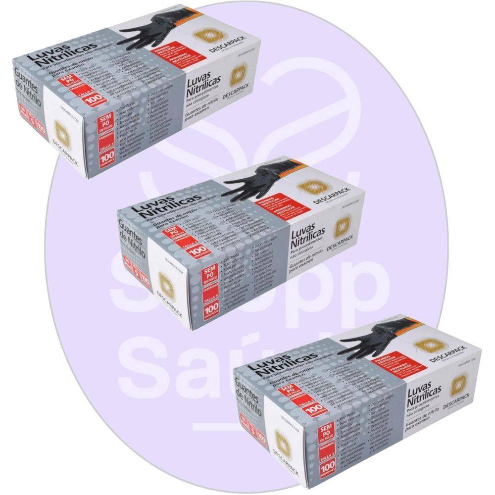 Kit 03 Luva Descartável Nitrílica Sem Pó Preta G Descarpack