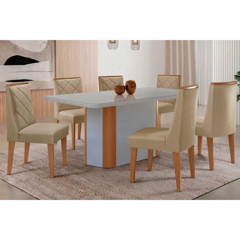 Sala Jantar Mesa Pietá Tampo c/ Vidro Curvo 180cm+6 Cadeiras Pietá Naturale/Off White - Linho Bege - Rufato