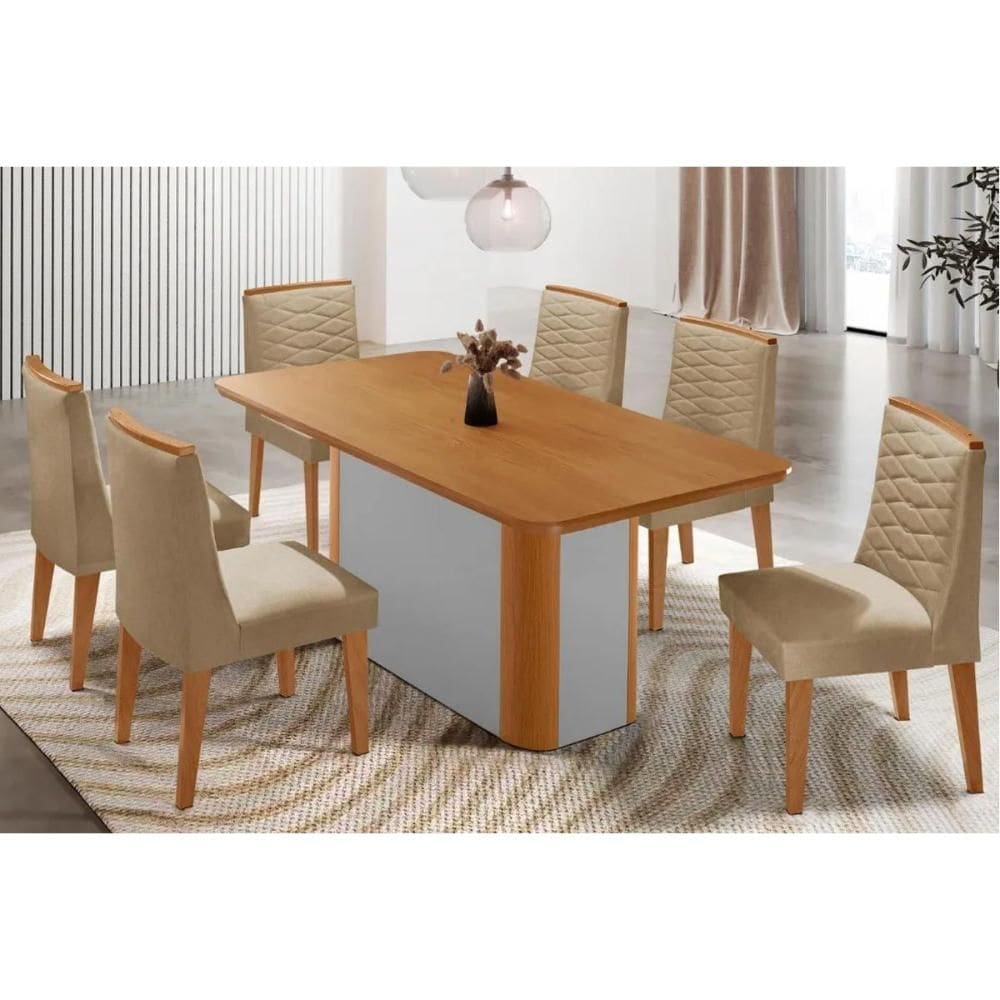 Sala Jantar Mesa Pietá Tampo Curvo 180cm+6 Cadeiras Maldivas Madeira Naturale/Off White - Capuccino/Linho Bege - Rufato
