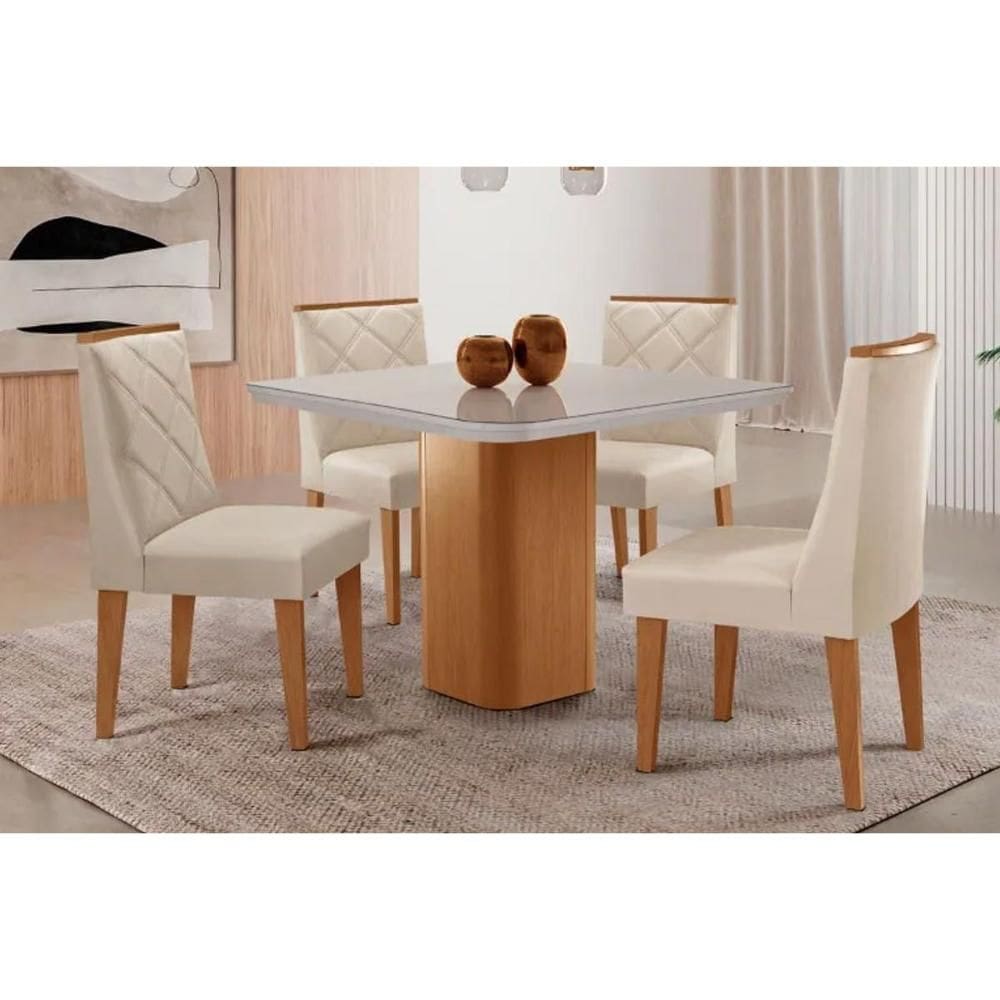 Sala Jantar Mesa Maldivas Tampo c/ Vidro Curvo 90cm+4 Cadeiras Pietá Madeira Naturale/Off White - Capuccino/Suede Creme - Rufato
