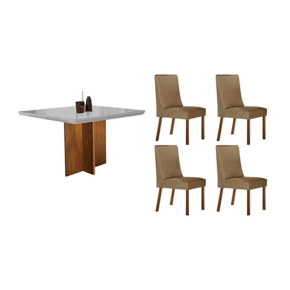 Sala Jantar Mesa Berlim Tampo c/ Vidro Curvo 90cm+ 4 Cadeiras Dakota Madeira Naturale/Off White - Capuccino/Linho Bege - Rufato