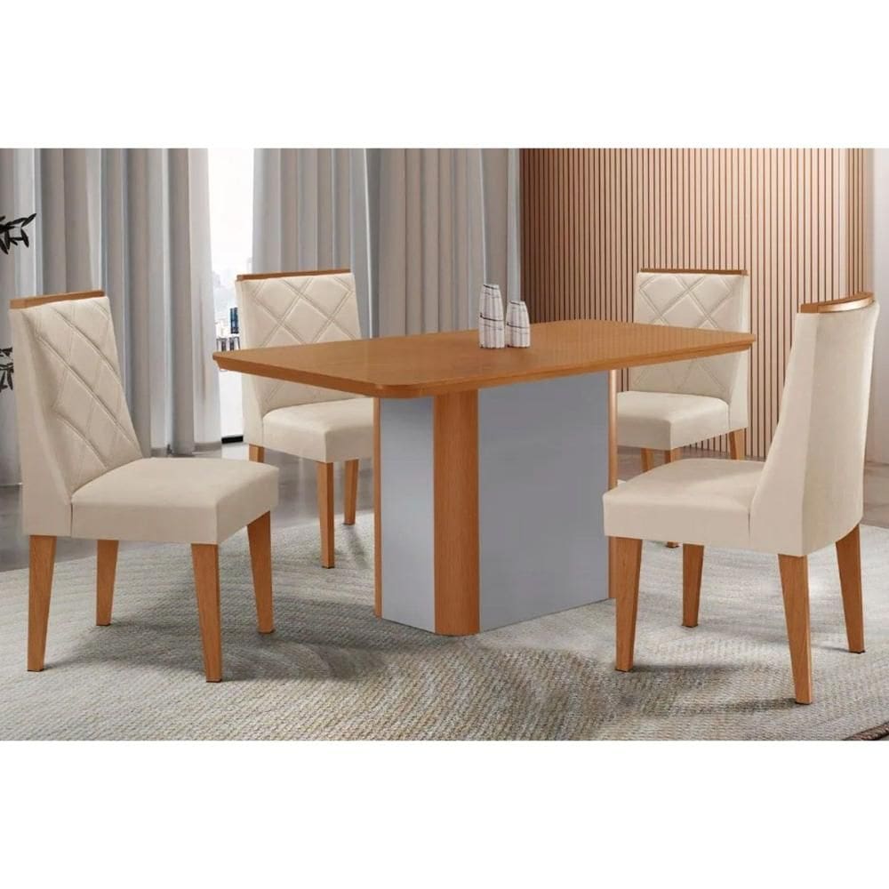 Sala Jantar Mesa Pietá Tampo Curvo 120cm+4 Cadeiras Pietá Madeira Naturale/Off White - Capuccino/Suede Creme - Rufato