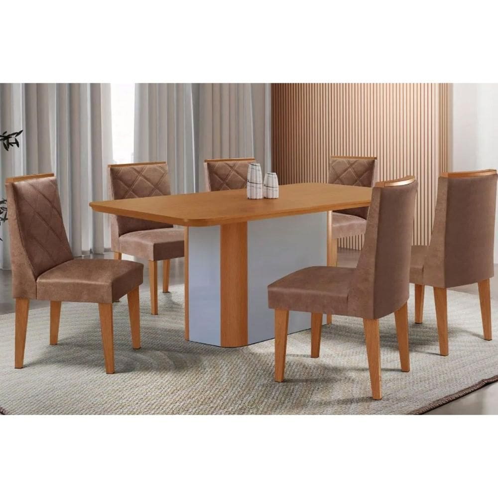 Sala Jantar Mesa Pietá Tampo Curvo 180cm+6 Cadeiras Pietá Madeira Naturale/Off White - Capuccino/Corano Capuccino - Rufato