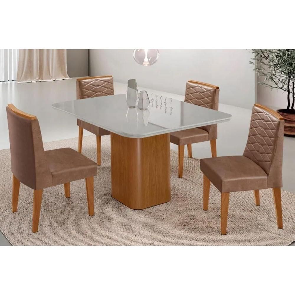 Sala Jantar Mesa Maldivas Tampo c/ Vidro Curvo 90cm+4 Cadeiras Maldivas Madeira Naturale/Off White - Capuccino/Corano Capuccino - Rufato