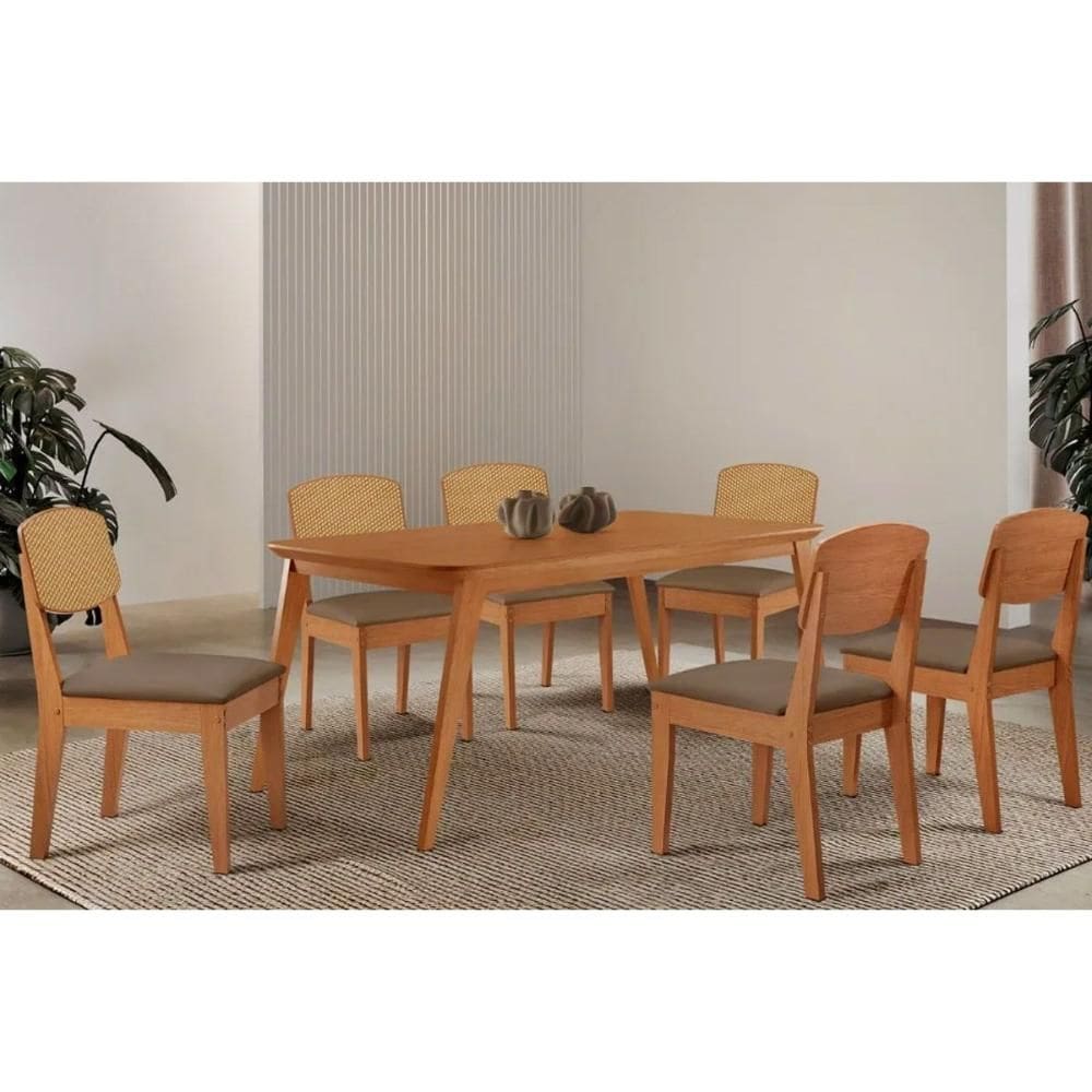 Sala Jantar Mesa Havana Tampo Curvo 180cm+6 Cadeiras Havana Naturale - Suede Capuccino - Rufato