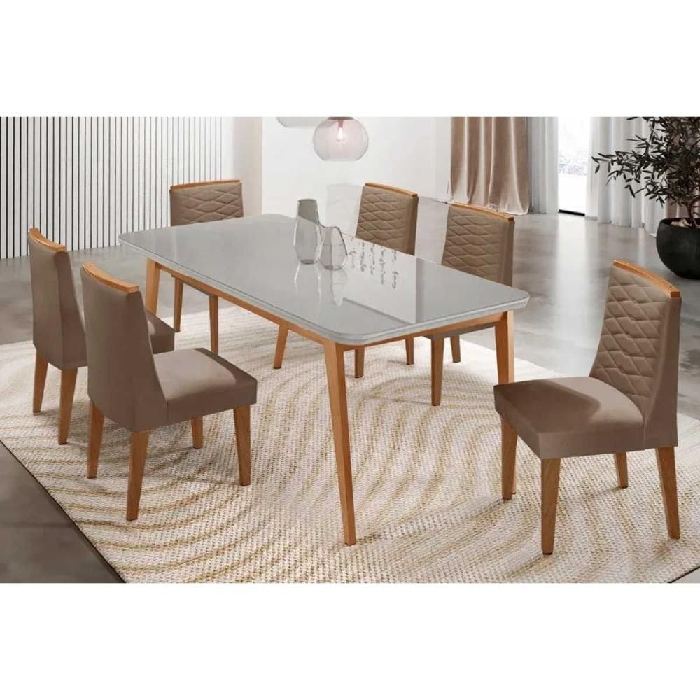 Sala Jantar Mesa Havana Tampo c/ Vidro Curvo 180cm+6 Cadeiras Maldivas Madeira Naturale/Off White - Capuccino/Suede Capuccino - Rufato