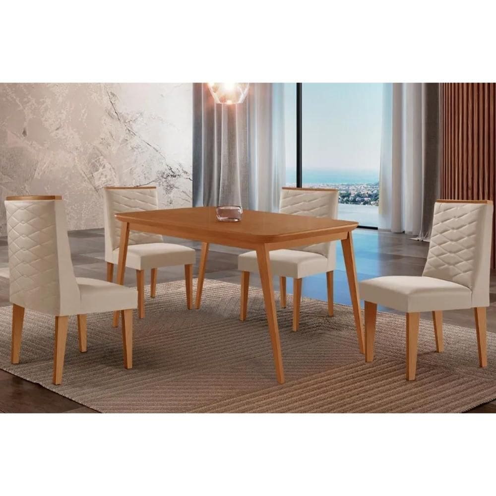 Sala Jantar Mesa Havana Tampo Curvo 120cm+4 Cadeiras Dafne Madeira Naturale - Capuccino/Suede Creme - Rufato