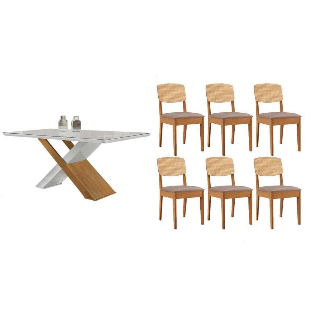 Sala Jantar Mesa Imperatriz Tampo c/ Vidro Curvo 180cm+6 Cadeiras Havana Naturale/Off White - Linho Capuccino - Rufato