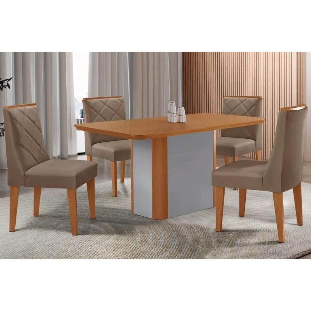 Sala Jantar Mesa Pietá Tampo Curvo 120cm+4 Cadeiras Pietá Madeira Naturale/Off White - Capuccino/Suede Capuccino - Rufato