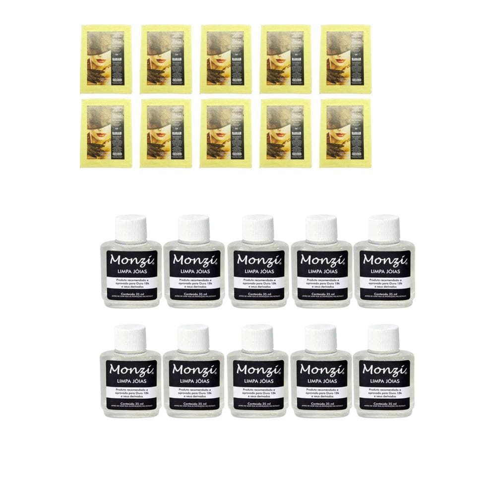 Kit 10 Limpa Jóias 35Ml Ouro Monzi +10 Flanela Mágica Grande