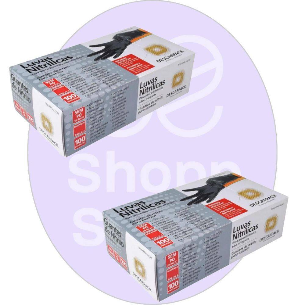 Kit 02 Luva Descartável Nitrílica Sem Pó Preta M Descarpack