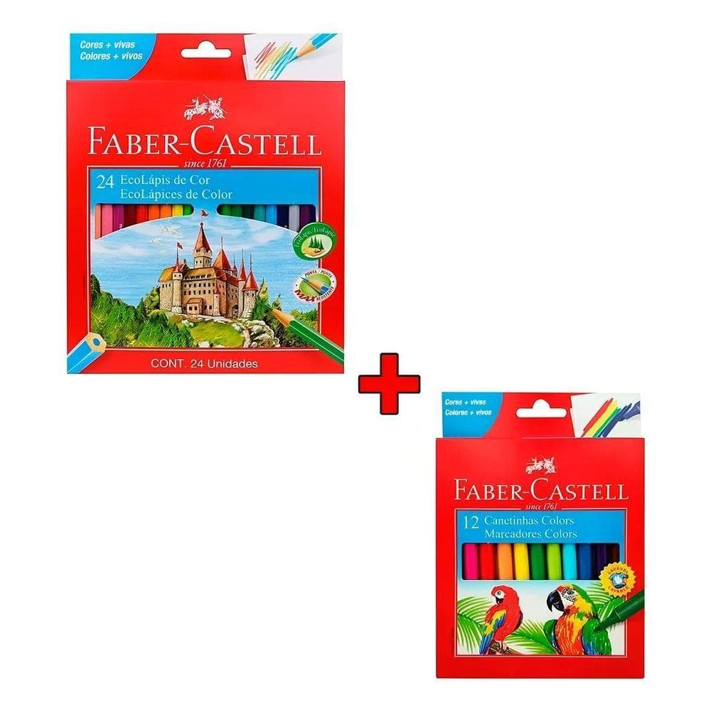 2X Lápis De Cor 24 Cores + 12 Canetinhas Hidrocor Faber Cast