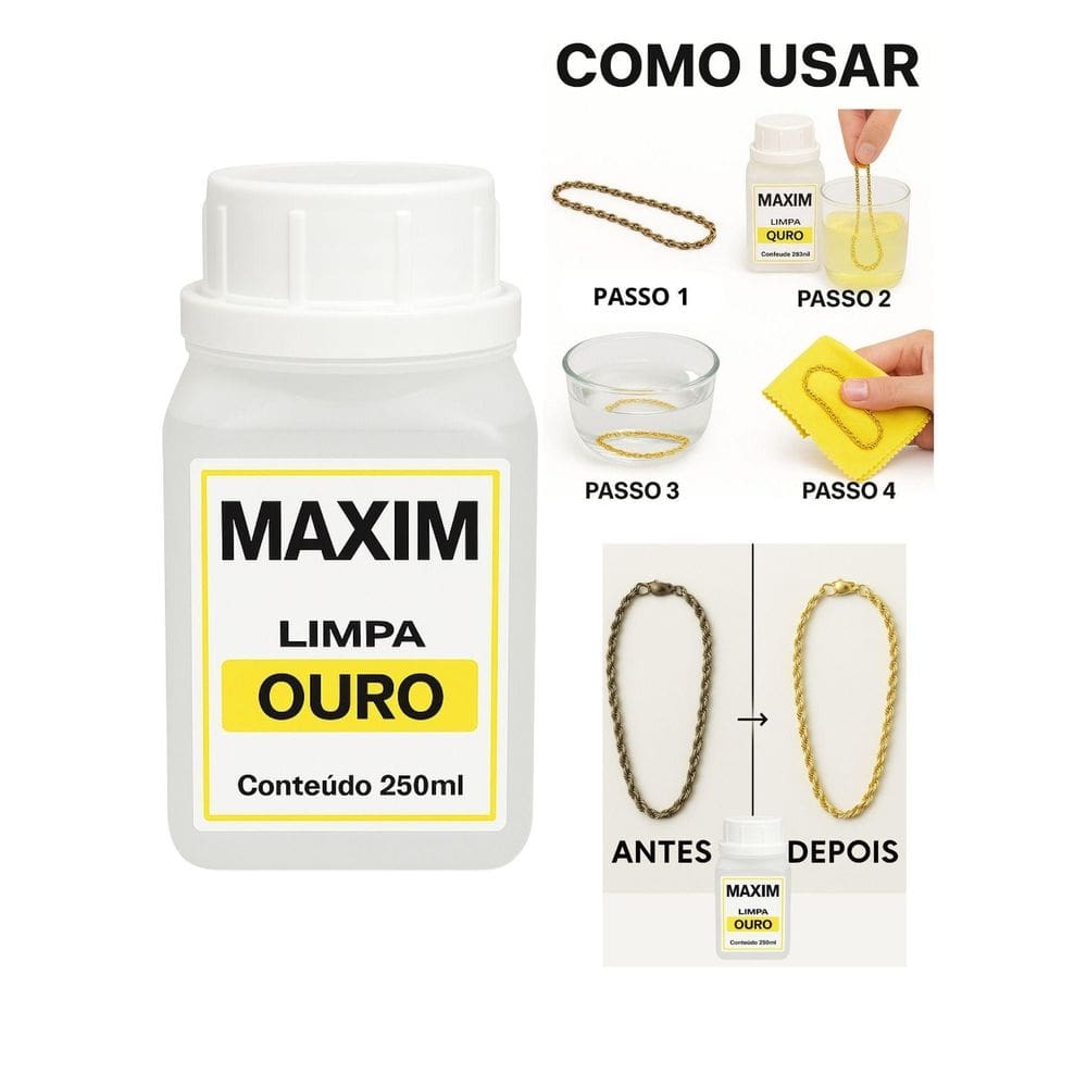 Limpa Jóias Ouro Puro 18K Platina Maxim 250Ml Grande Liquido