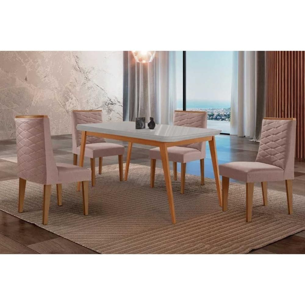 Sala Jantar Mesa Havana Tampo c/ Vidro Curvo 120cm+4 Cadeiras Dafne Madeira Naturale/Off White - Capuccino/Linho Capuccino - Rufato